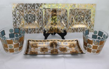 In The Style Of George Briard, Serving Platters Painted With Gold Leaf Includes 2 Ice Buckets
