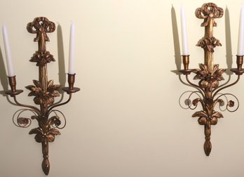 Pair Of Vintage Carved Gilded Wood Candle Wall Sconces With Floral And Ribbon Accents