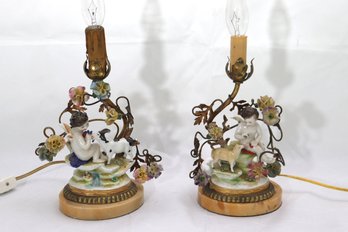 Pair Of Antique Porcelain Boudoir Figural Cherub Lamps Signed By The Artist With Hallmark
