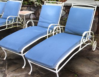 Pair Of Vintage Adjustable Cast Aluminum Outdoor Lounges With A Pierced Design On Wheels