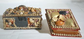 Two Victorian Shell Art Boxes, One Having Interior Compartments As A Tea Caddy