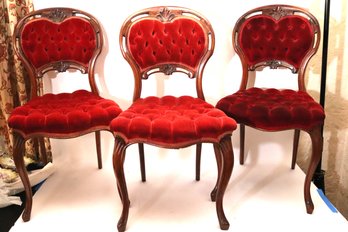 Set Of 3 Tufted Victorian Ladies Chairs With Red Velvet Like Fabric & Carved Backrest
