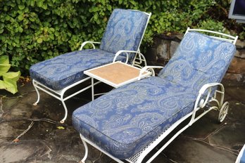 Pair Of Vintage Adjustable Cast Aluminum Outdoor Lounges With A Pierced Design On Wheels Includes Side Table