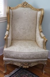 Vintage French Provincial Wing Chair With Gilded Fand Silvered Frame And Tone On  Tone Beige Upholstery