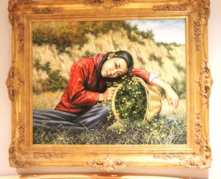 Painting Of Lovely Young Chinese Girl With Basket Of Wildflowers Signed With Chinese Characters & Beautif