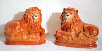 Pair Of Victorian English Staffordshire Lions With Glass Eyes & Crossed Paws