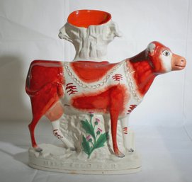 Mid-19th Century Staffordshire Cow Spill Vase Titled Milk Sold Here