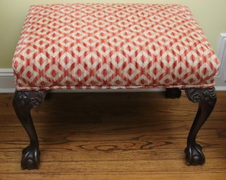 Antique Chippendale Style Carved Wood Bench W Claw And Ball Feet, Upholstered In Quality Custom Diamond Shape