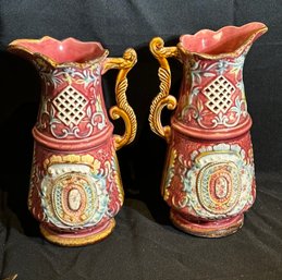 Pair Of Victorian Ceramic Pitchers 11 Tall Each