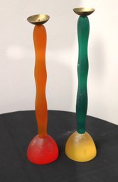 A Pair Of Collectable Migeon And Migeon Benazir Candlesticks, Green And Orange.