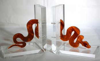 2 Mid Century Spisani Italy Lucite Bookends With Amber Snake