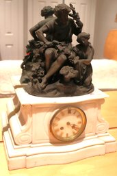 Antique White Marble Clock With Decorative Classical Metal Statue