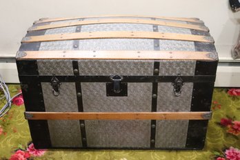 Antique Trunk In Very Good Condition. Trunk Made Of Embossed Metal And Wood. Handles Intact.
