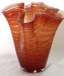 Gorgeous Ruffled Rim Art Glass Vase With An Amber Like Tone