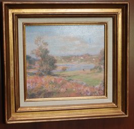 Vintage 1980s French Plein Air Landscape Painting With Pond And Field Of Flowers