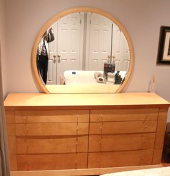 Italian Style Light Wood Lacquered Veneer Dresser & Round Mirror