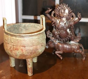 Chinese Archaic Style Bronze Tripod Censer With Handles And Mythical Bronze Figure Atop Calf