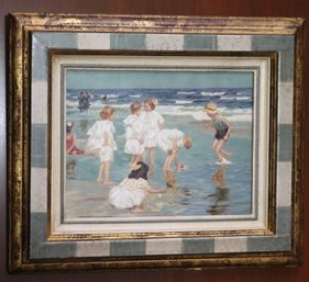 Vintage 1980s French Painting Of Victorian Era Children At The Beach