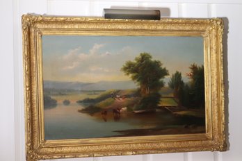 OVERSIZED Antique Landscape Painting Jones River Kingstown Mass, From The Adams Family Of Mass-Gilded