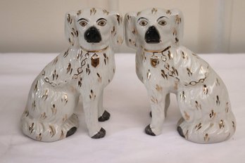 Pair Of Antique Hand Painted Porcelain Staffordshire Spaniel Dog Figurines