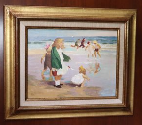 Vintage 1980s Impressionist Style Painting Of Children At The Seashore