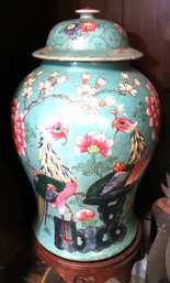 Green Painted Urn With Stylized Birds And Lid On Wood Stand