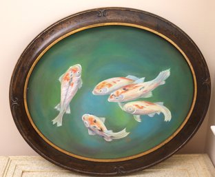 Contemporary Koi Fish Painting, An Oval Frame Signed By The Artist.