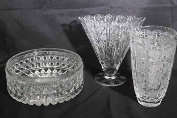 Includes 2 Vintage Fine Cut Glass Vases And Bowl