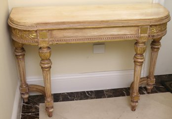 Giltwood Curved Consult Table With Fluted Legs And Light Beige Painted Finish.