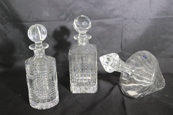 3 Designer Etched Crystal Decanters Includes Tiffany, Ralph Lauren And Stylish Marquis Waterford