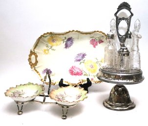 Vintage Cruet Set With Etched Glass Jars, Includes MZ Austria Hand Painted Purple Floral Candy Dishes