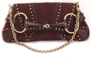 Gucci Cranberry Tone Suede Style Handbag With Brass Tone Accents