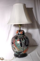 Hand Painted Chinoiserie Style Lamp In The Form Of Jar With Lid.