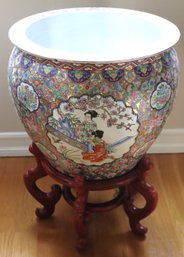 Large Oriental Porcelain Goldfish Bowl/ Planter With Hallmark Including Ornate Wood Stand