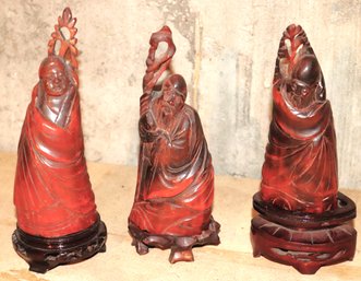 Group Of 3 Antique Carved Natural Horns With Monks Faces & Wood Stands