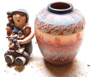 Two Vintage Ceramic Pieces Of Native American Art, Both The Vase And Doll Are Signed