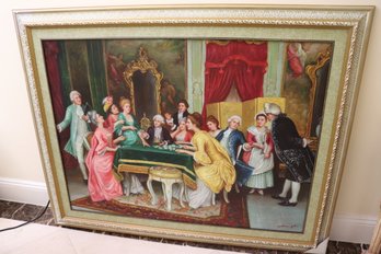 Large Giclee Of 18th C Style Salon Scene Of Card Game With Highlighted Details In  Plastique Frame