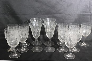 Collection Of Vintage Etched Wine Glasses