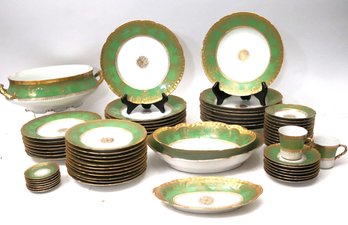 Antique Limoges France Dinnerware With Green & Gold Painted Detail