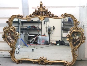 Vintage Ornate Gilded Mirror With Painted Side Panels Of Young Boy And Girl