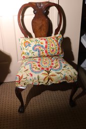 Vintage Mahogany Queen Anne Chair With Ball & Claw Feet And Crewel Upholstery.