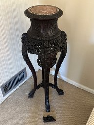 Highly Detailed Vintage Chinese Wood Pedestal With Marble And Mother Of Pearl Top