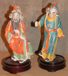 Unique Pair Of Glazed Terra Cotta Chinese Theatrical Figurines On Stands