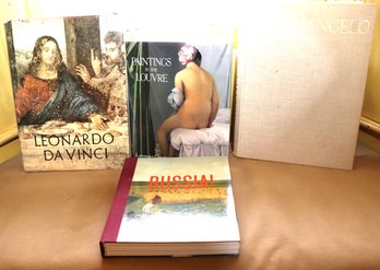 Lot Of 4 Vintage Hardcover Art Books With Paintings In The Louvre 1st Ed., Da Vinci, Russia! & Michelange