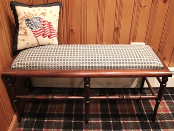 Cute Little Dark Wood Turned Bench With Upholstered Seat Includes Patriotic Flag Pillow