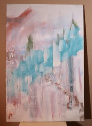Contemporary Unsigned Abstract Painting On Canvas, Shades Of Blue And Pink.