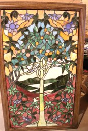 Stained Glass Panel Of Fruit Tree & Vines In Wood Frame
