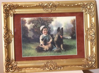 Antique Colorized Print Of Smiling Boy With German Shepherd Pups In A Victorian Frame