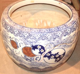 Chinese Blue & White Hand Painted Planter With Double Gourd And Floral Motif