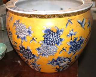 Yellow & Blue Chinese Hand Painted Planter With Koi Fish Interior